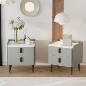 English Elm Nightstands with Marble-Pattern Top and Raised Guard, 2-Drawer Modern Bedside Tables for Storage Elegance Gray 23.4 L x 18.5 W x 9.06 H N733S332142E