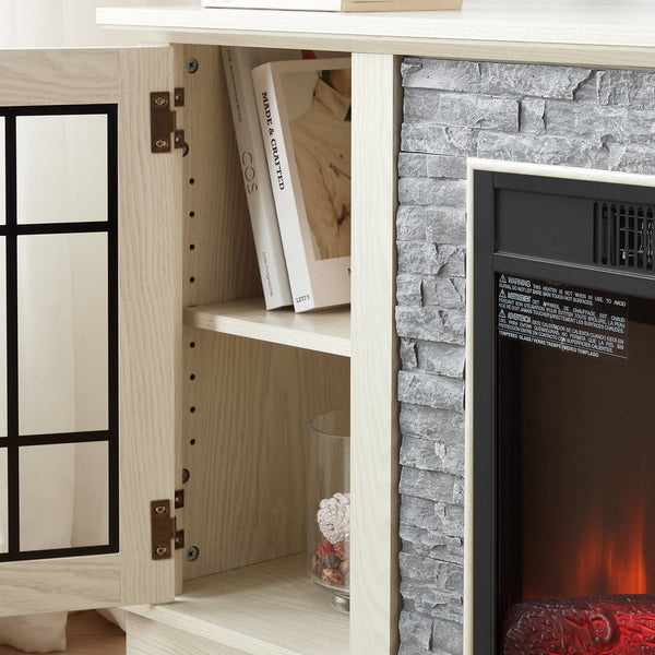 English Elm 58" Modern TV Stand with 18" Electric Fireplace, Faux Stone Mantel, Ample Storage & Cable Management for Living Room Comfort and Style White W2275S00025