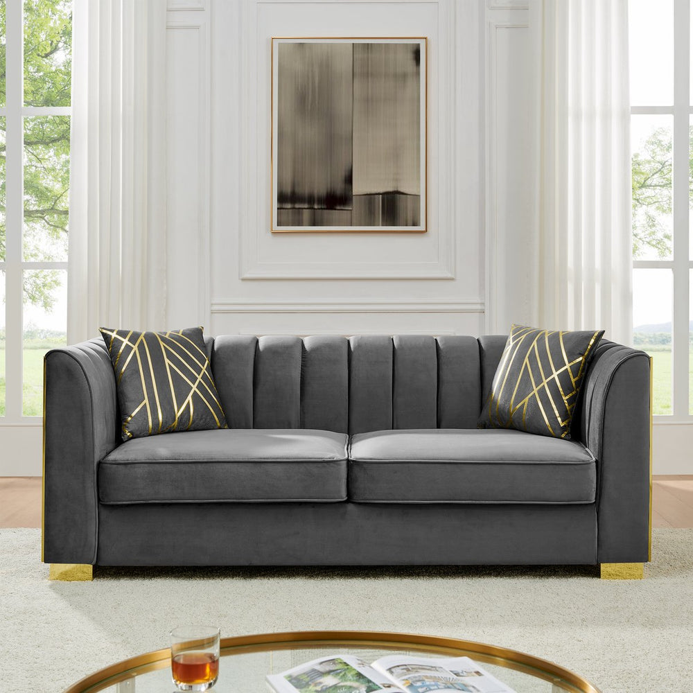 English Elm 81" Tufted Velvet Chesterfield Sofa with Gold Steel Legs for Elegant Living Rooms W1191S00064