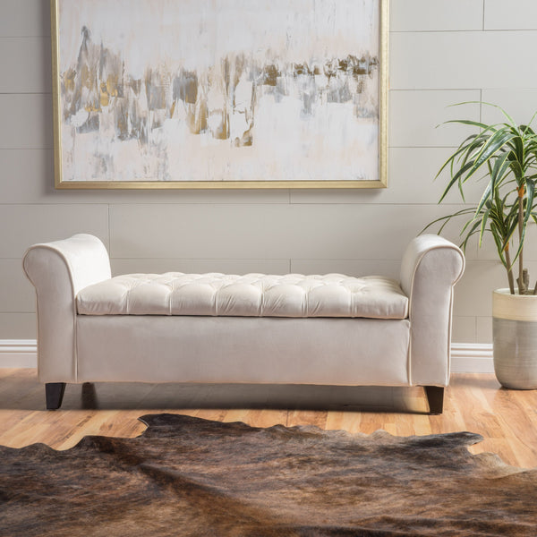 English Elm Lvory Linen Tufted Storage Bench with Rolled Arms and Hidden Lift Top Compartment N770P372389A