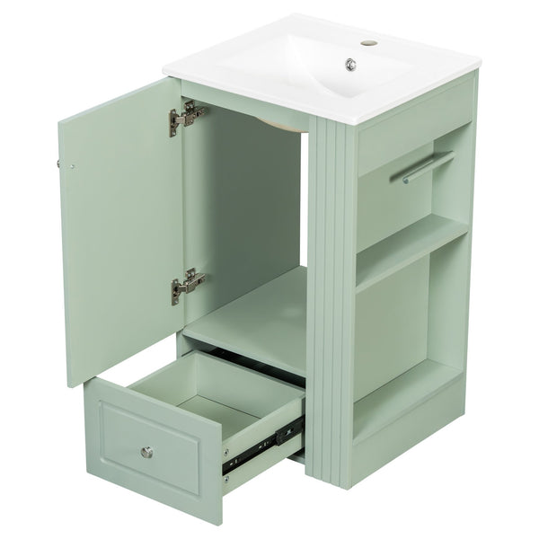 English Elm 20" Freestanding Bathroom Vanity Mdf Cabinet Ceramic Sink Open Shelves Powder Room Green N725P364210F