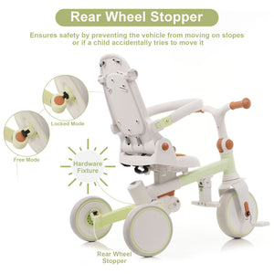 English Elm 7 in 1 Convertible Toddler Trike Aluminum Foldable Push Bike with Canopy for Ages 1 to 6 Green N726P248345L