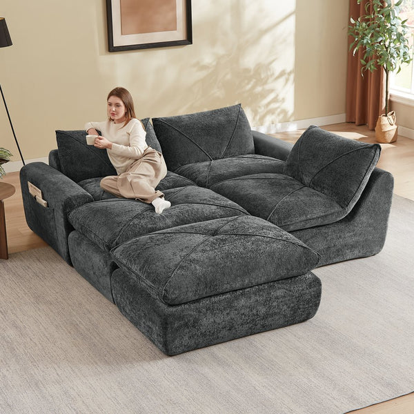 English Elm Modern Chenille Modular Sectional Sofa with Foot Pedals for Living Room Comfort Dark Gray W3396S00074