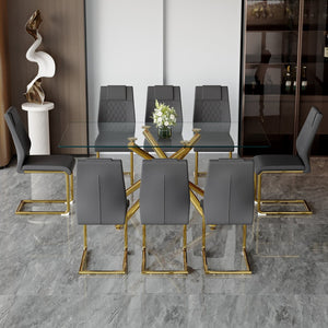 English Elm Table Modern Luxurious Transparent Glass Dining Set With 8 Dark Gray Pu Chairs & Gold Legs W1151S02592-GIGA