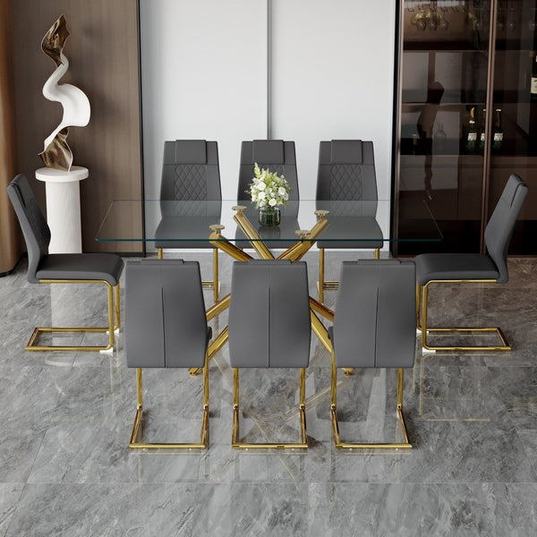 English Elm Table Modern Luxurious Transparent Glass Dining Set With 8 Dark Gray Pu Chairs & Gold Legs W1151S02592-GIGA