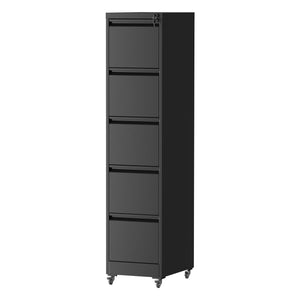 English Elm 5 Drawer Vertical File Cabinet on Wheels with Lock, Heavy-Duty Steel, Anti-Tilt Mobile Storage for A4/Letter/Legal Files Black T2398P310087