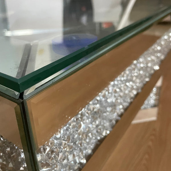 English Elm Modern Glam Square Coffee Table with Mirrored Tiers and Faux Crystal Diamond Inlay W3836P370271