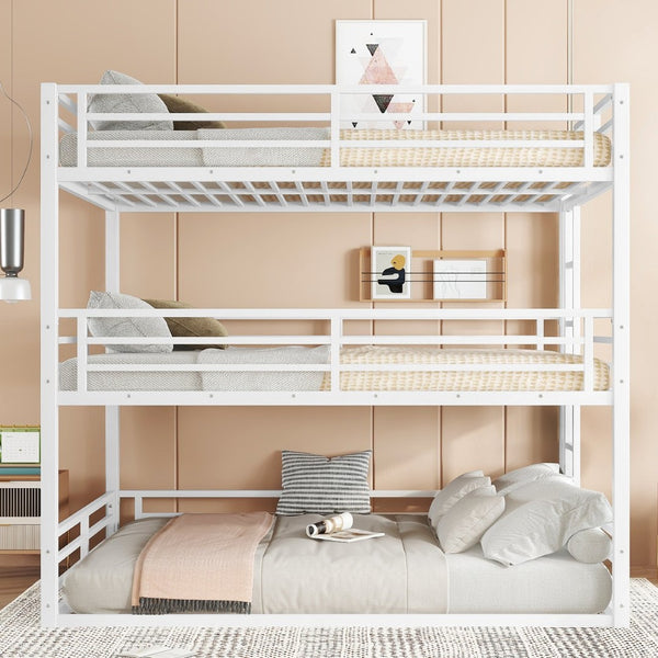 English Elm Queen Metal Triple Bunk Bed - Stylish Queen Over Queen Over Queen Design, Heavy-Duty, Safe & Quiet W1580S00167-GIGA