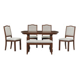 English Elm 6-Piece Dining Table Set, 60Inch To 78Inch Extendable Wood Dining Table With Removable Leaf, Kitchen Table Set With 4 Upholstered Side Chair and Bench, Dining Table Set For 6 (Cherry)