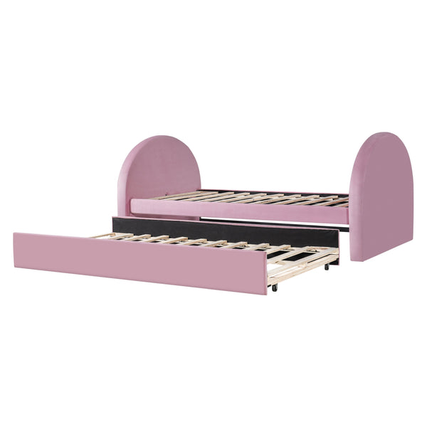 English Elm Twin Upholstered Daybed with Pull Out Trundle Plush Padded Frame for Kids Rooms N757T387568P