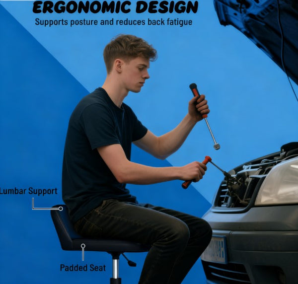 English Elm Adjustable Rolling Garage Stool with Lumbar Support Dual Storage Trays and Swivel Casters T3971P412551