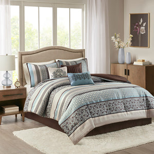 JLA Home Madison Park - 7 Piece Comforter Set with Geometric & Damask Embroidery, Soft Brushed Jacquard, Machine Washable Blue MP10-694