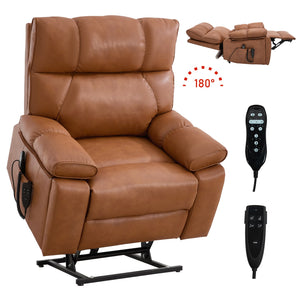 English Elm Orange Leatheraire Dual Motor Power Lift Recliner with Massage Heat and Lumbar W1803P340283