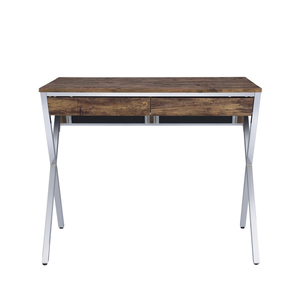 English Elm Callers Weathered Oak Writing Desk with Chrome X-Leg Frame, 2 Drawers, Durable Modern Office Surface B2726P268968