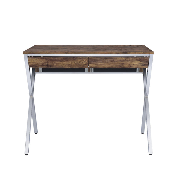 English Elm Callers Weathered Oak Writing Desk with Chrome X-Leg Frame, 2 Drawers, Durable Modern Office Surface B2726P268968