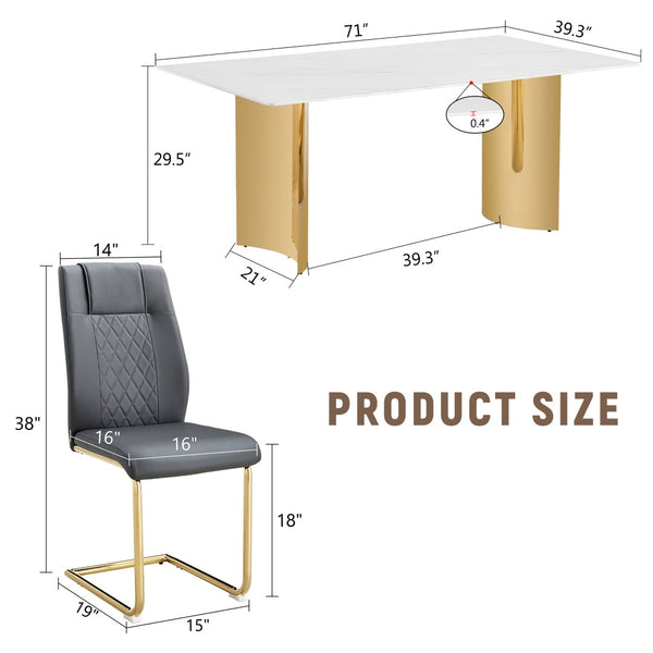 English Elm Table Set With Glass Top & Imitation Marble - 6 Comfortable Pu Chairs & Golden Stainless Legs W1151S04349-GIGA