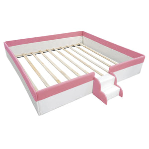 English Elm King Platform Daybed with Fence Rail and Stairs Pu Upholstered Kids Bedroom Frame SF000156AAH-1