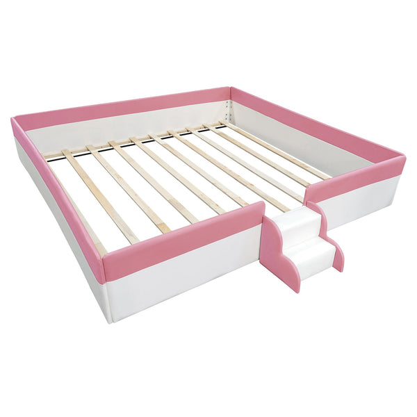 English Elm King Platform Daybed with Fence Rail and Stairs Pu Upholstered Kids Bedroom Frame SF000156AAH-1