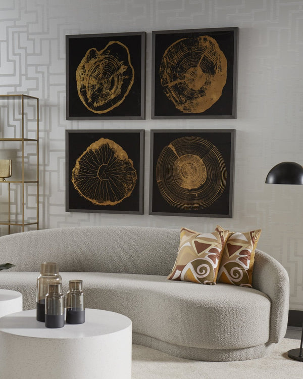 Sunpan TIME LINES Set of 4 Framed Art Panels - 30" Charcoal Frames with Gold Leaf Tree Ring Designs A0325