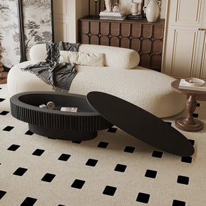 English Elm 47'' Oval Storage Coffee Table Fluted Wood Veneer Lift Lid Sculptural Living Room Accent Black W1435P293221