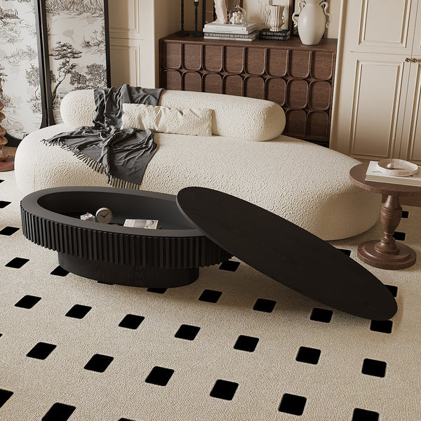 English Elm 47'' Oval Storage Coffee Table Fluted Wood Veneer Lift Lid Sculptural Living Room Accent Black W1435P293221