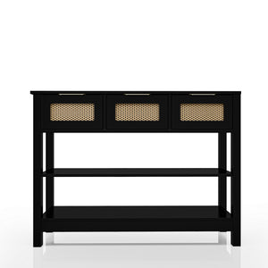 English Elm 43.3" Farmhouse Console Table Rattan Drawer Fronts Open Shelving Entryway Storage Black T3210P426419