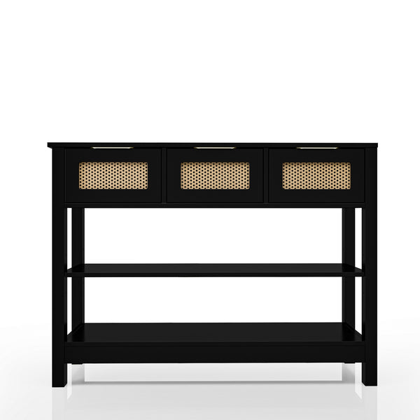 English Elm 43.3" Farmhouse Console Table Rattan Drawer Fronts Open Shelving Entryway Storage Black T3210P426419