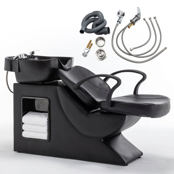 English Elm Shampoo Bowl Chair Set with Abs Basin Pu Leather Seat and Built in Side Storage W1422P453658