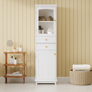 English Elm 63" Tall Bathroom Vanity Cabinet with Glass Doors, Two Drawers and Adjustable Shelves for Stylish Storage White N729P171305K