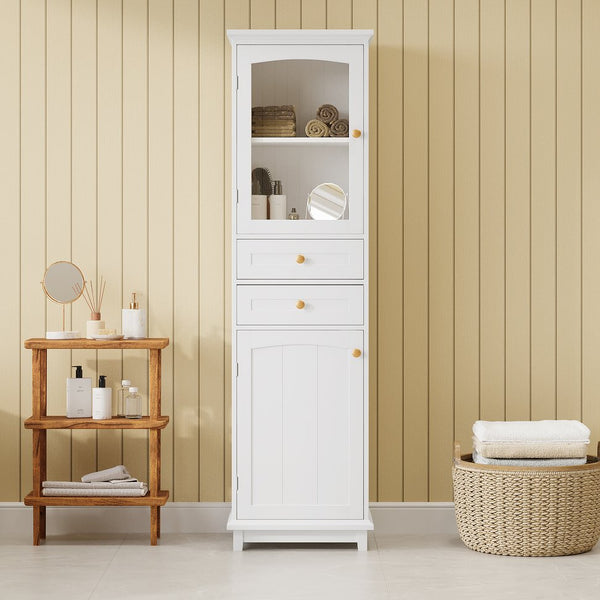 English Elm 63" Tall Bathroom Vanity Cabinet with Glass Doors, Two Drawers and Adjustable Shelves for Stylish Storage White N729P171305K
