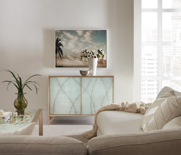 Hooker Furniture Melange Joannie Two Door Chest With Silver Eglomisé Lace Doors, Gold Frame & Soft-Close Storage 628-85632-647