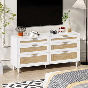 English Elm 59" Rattan Dresser with 6 Spacious Drawers, Stylish Woven Texture, Metal Handles & Wood Legs for Bedroom White W757P209514