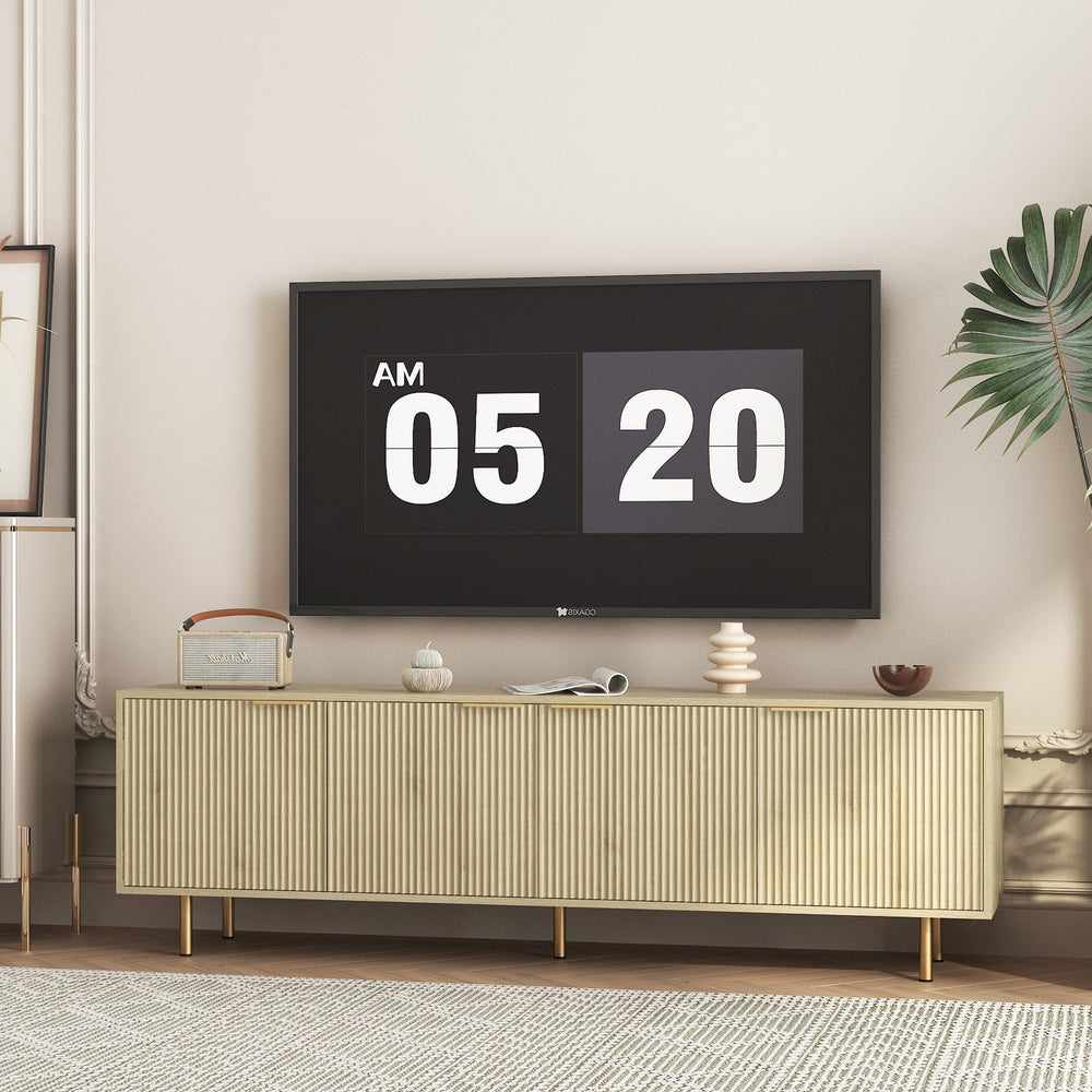 English Elm Wood Fluted Media Console with Gold Legs Matte Black Finish Storage Cabinet for Large Tvs W1321P352015
