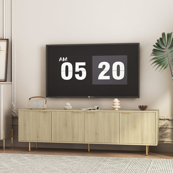 English Elm Wood Fluted Media Console with Gold Legs Matte Black Finish Storage Cabinet for Large Tvs W1321P352015