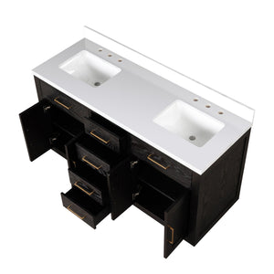 English Elm Black Oak Double Bath Vanity 60 In. W With Cultured Marble Top - Stylish, Durable Storage Solution! B2731P260835