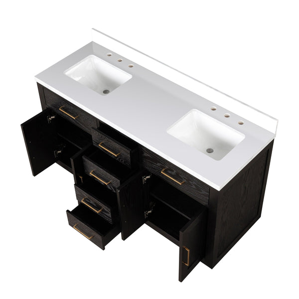 English Elm Black Oak Double Bath Vanity 60 In. W With Cultured Marble Top - Stylish, Durable Storage Solution! B2731P260835