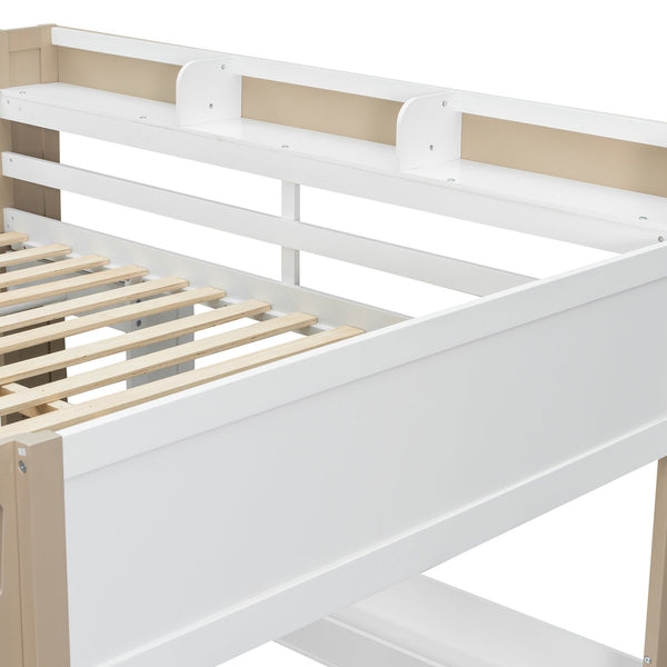 English Elm Full Size Wood Loft Bed With Desk, Wardrobe & Storage Shelves - Stylish Space-Saving Solution! N7090005007K