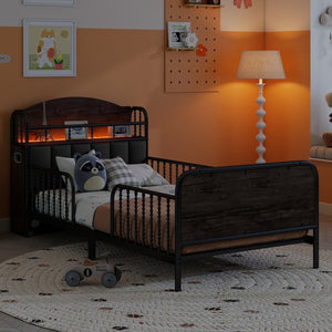English Elm Twin Solid Wood Platform Bed with Guardrail for Kids, Low-Profile Sturdy Pine Frame, Safe Sleep Solution Black 45.87 L x 17.72 W x 11.22 H W2593P337457