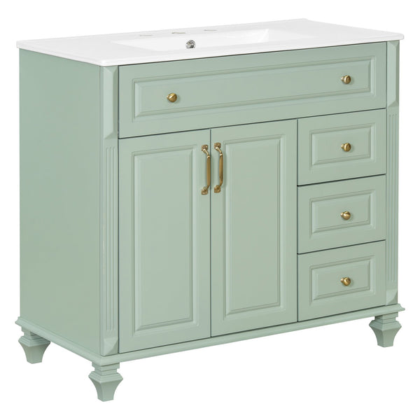 English Elm 36" Forest Green Rubberwood Bathroom Vanity with Ceramic Sink and Golden Hardware N725P356069F