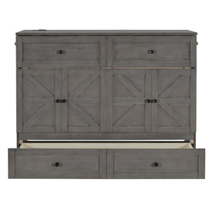 English Elm Full Size Murphy Bed Rattan Cabinet with Storage Drawers and Gold Hardware N708S00005AAE
