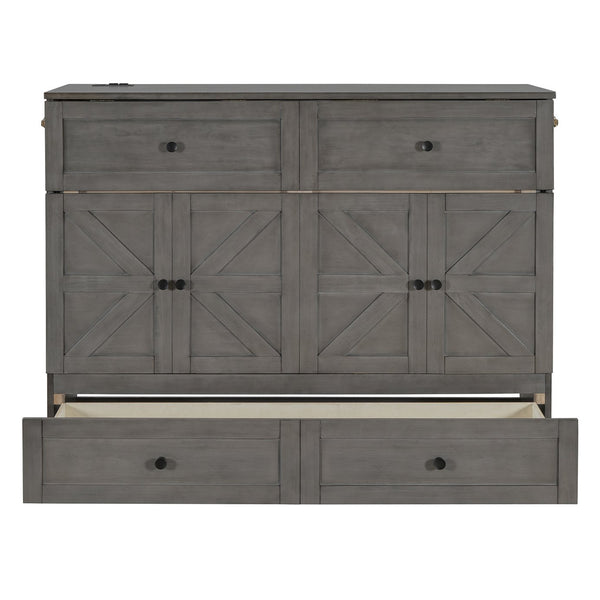 English Elm Full Size Murphy Bed Rattan Cabinet with Storage Drawers and Gold Hardware N708S00005AAE