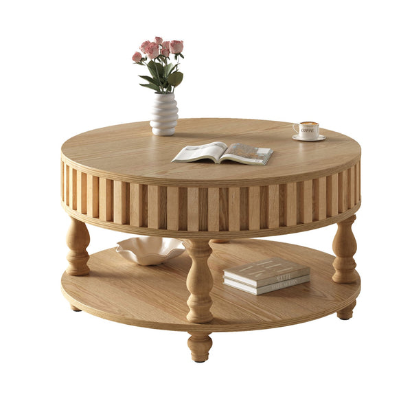 English Elm Farmhouse Fluted Square Coffee Table with Flip Top Hidden Compartment and Open Shelf Natural Wood W1445P370481