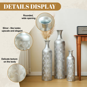 English Elm Silver Metal Floor Vase Trio Etched Wave Pattern Tall Cylinder Set for Modern Decor W2796P386873