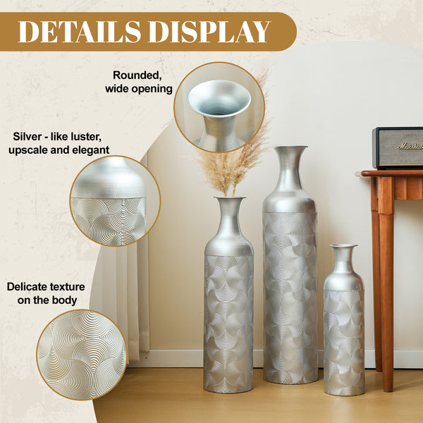 English Elm Silver Metal Floor Vase Trio Etched Wave Pattern Tall Cylinder Set for Modern Decor W2796P386873