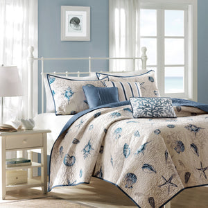 English Elm Brushed Bayside Reversible Quilt Set with Seashell Print, Blue/Ivory Twin/Twin XL, 5pc Coastal Accents pillows embroidered pleated дизайн B03597503