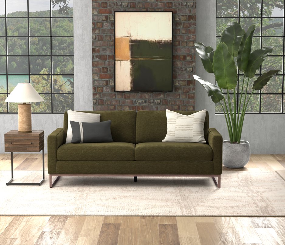 English Elm Green Olive Textured Fabric Sofa with Wraparound Metal Base for Modern Living Rooms B361P486924