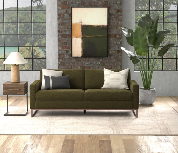 English Elm Green Olive Textured Fabric Sofa with Wraparound Metal Base for Modern Living Rooms B361P486924