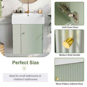 English Elm 21.6 Modern Floating Bathroom Vanity with Ceramic Basin, Wave Door, Rose Gold Handle, Space-Saving Green N729P170390F
