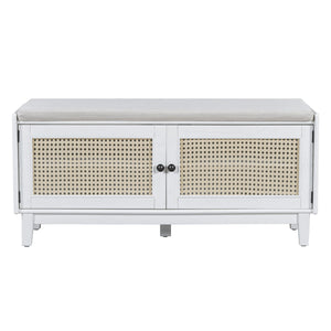 English Elm Trexm Bohemian Rattan Storage Bench Cushioned Seat Shoe Cabinet for Entryway Beige,White N715P308012K