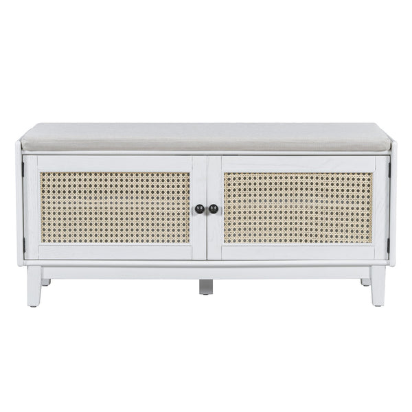 English Elm Trexm Bohemian Rattan Storage Bench Cushioned Seat Shoe Cabinet for Entryway Beige,White N715P308012K